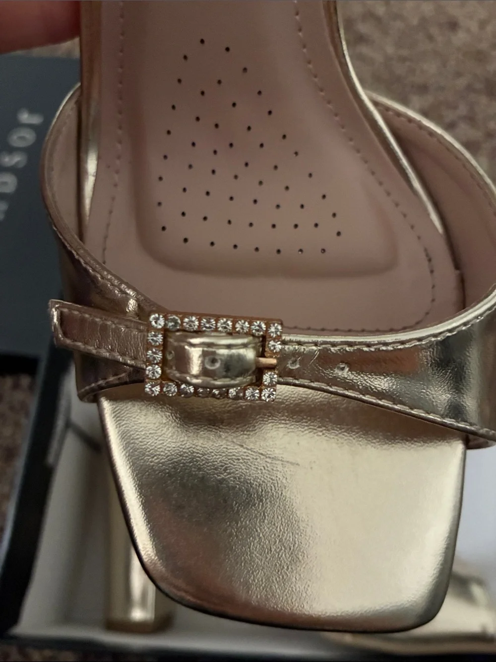 Windsor Gold Block Heel Sandals with Rhinestone Buckle Accent